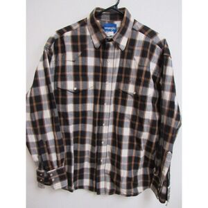 Wrangler Mens Western Shirt Large Plaid Pearl Snap Long Sleeve Black Brown